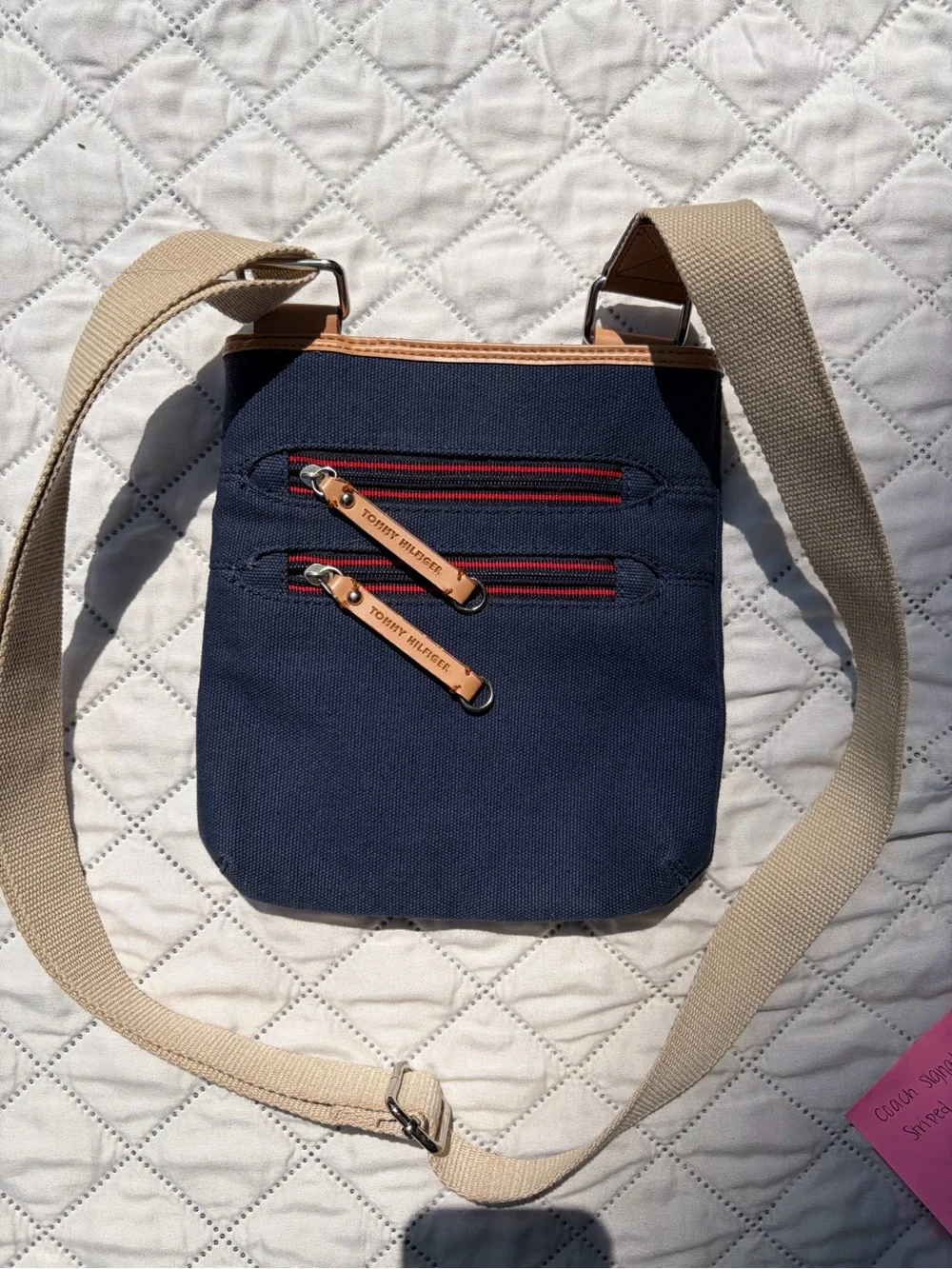 Tommy Hilfiger Navy Messenger Bag with Beige Strap and Red Accents